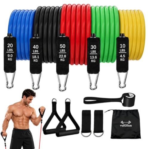 Resistance Bands with Handles 150 lbs Set – 5 Color-Coded Tubes, Door Anchor & Carry Bag
