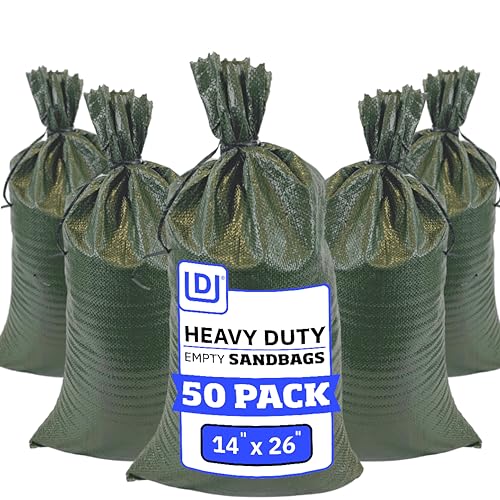 DURASACK Heavy Duty Sand Bags with Tie Strings Empty Woven Polypropylene Sand-Bags for Flood Control with 1600 Hours of UV Protection, 50 lbs Capacity, 14x26 inches, Green, Pack of 50