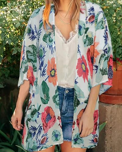 CHICGAL Women's XL Daisy White Flower Kimono Swimsuit Coverup for Summer Beach Swimwear