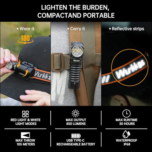 Wurkkos Rechargeable LED Headlamp 850 Lumens Waterproof Camping & Hiking Light