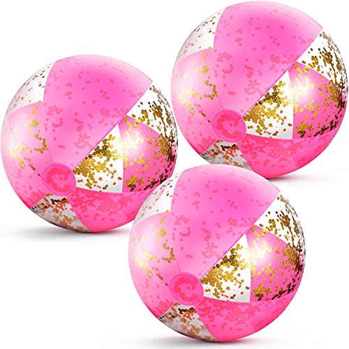 Inflatable Glitter Beach Balls - 16 Inch Pink - Pack of 3