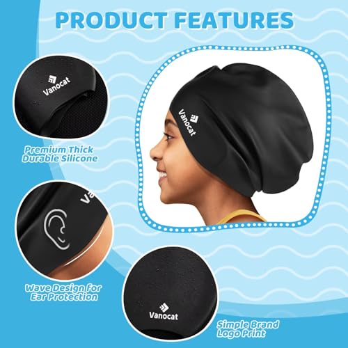 Kids Extra Large Swim Cap - Waterproof Silicone for Long Hair - Black