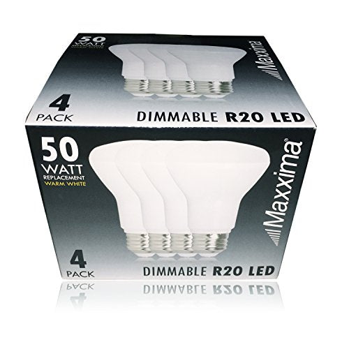 Maxxima 4 Pack BR20 LED Bulbs Dimmable 7W Warm White 3000K, 600 Lumens