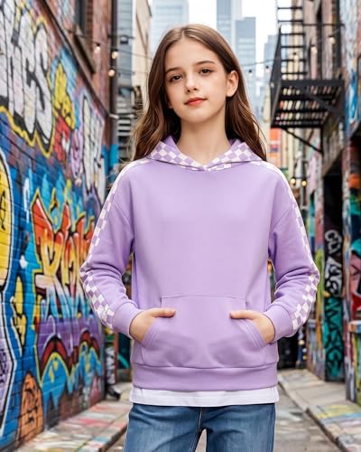 Girls Checkered Hoodie for Ages 4-12, Long Sleeve Pullover, Purple, 7-8 Years