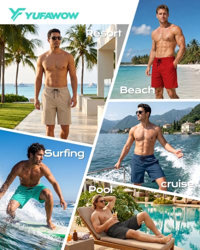 Yufawow Men's 7-Inch Black Swim Trunks with Compression & Breathable Liner - Quick Dry Beach & Gym Wear, Large