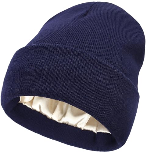 Satin Lined Slouchy Beanie for Women - Soft Knit Winter Hat - Navy Blue