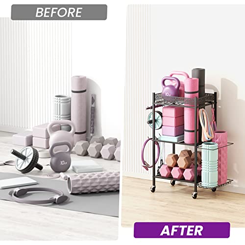 3-Tier Yoga Mat Storage Rack with Wheels & Hooks - Black