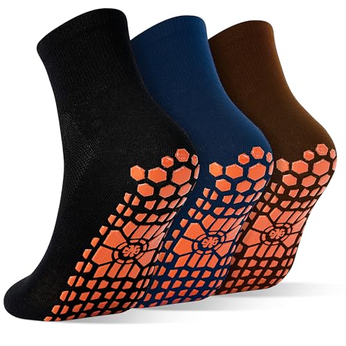Non-Slip Gripper Socks for Men - 3 Pairs, Size 10-11 - Black, Navy, Coffee