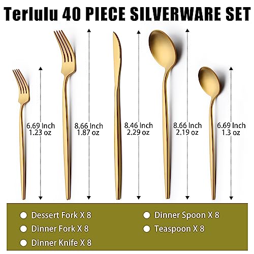 Terlulu 40 Piece Gold Silverware Set for 8 - Modern Flatware for Home & Restaurant