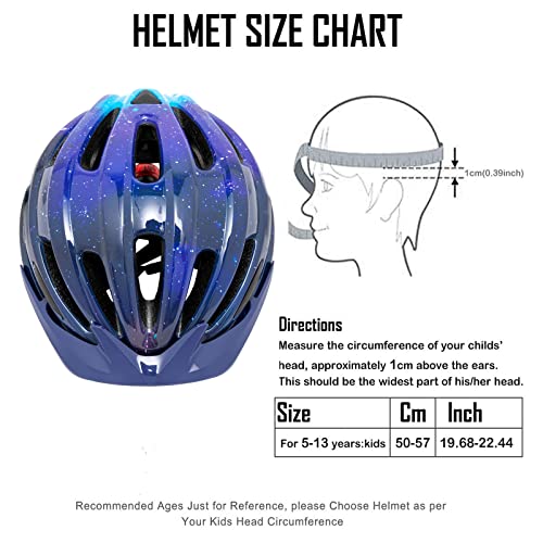 Exclusky Kids Bike Helmet with LED Light - Starry Sky, Adjustable Youth Cycling Safety Gear for Boys & Girls, 50-57cm, Ages 5-12
