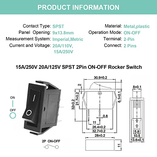 KCD3 Rectangle Snap-in ON-Off 2 Pin Rocker Boat Switch - 8 Pcs