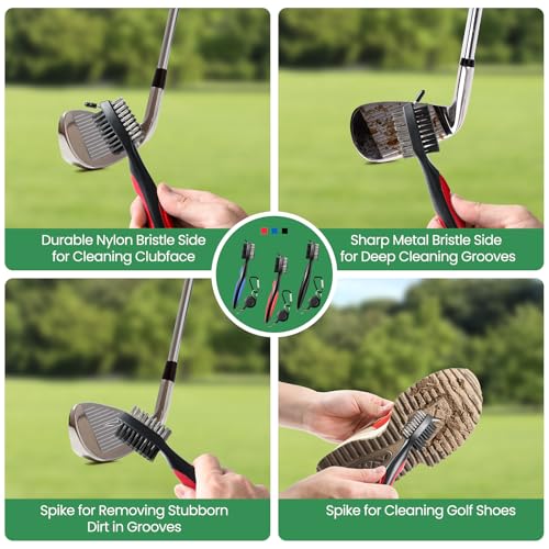 Golf Club Brush Cleaner with Retractable Zip-Line - 3 Pack Black/Red/Blue
