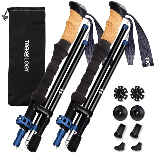 TREKOLOGY Trek-Z Collapsible Cork Grip Hiking Poles - Black with Blue