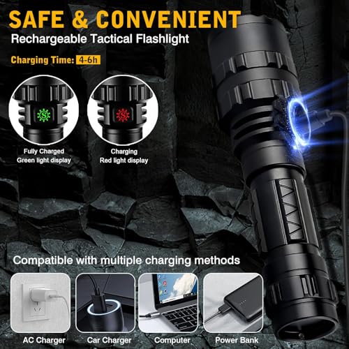 3000 Lumen Tactical Flashlight with Picatinny Rails Mount and Pressure Switch, 5 Modes Picatinny Flashlight Bright USB Rechargeable Weapon Light Rifle Light for Tactical Outdoor