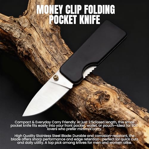 Compact Money Clip Folding Pocket Knife - 2.5" Stainless Steel Blade, Black Aluminum Handle