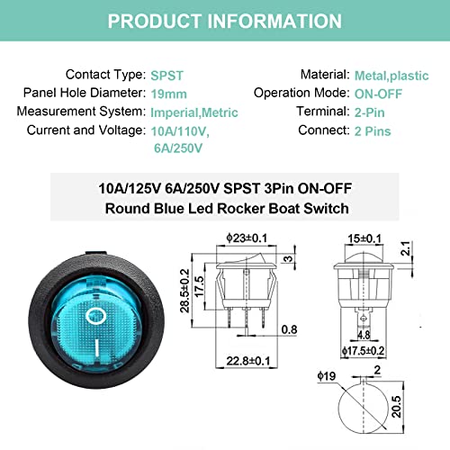 3-Pin On/Off Rocker Toggle Switch with Blue LED - 5 Pack