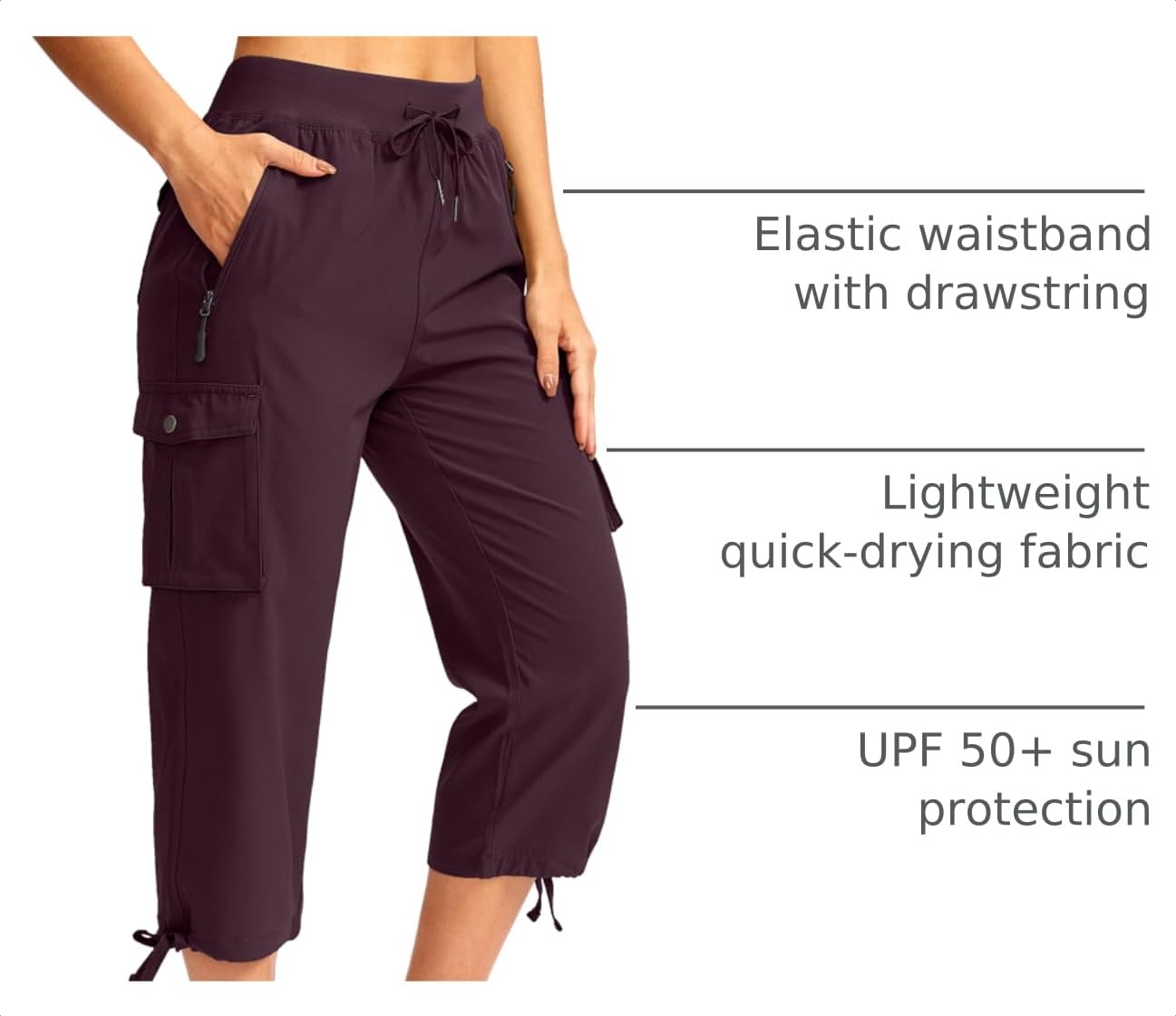 Soothfeel Women's Cargo Capris Pants with 6 Pockets Lightweight Quick Dry Travel Hiking Summer Pants for Women Casual (Wine, S)