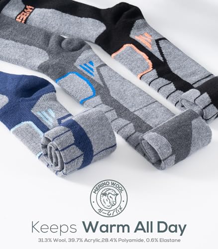 Large Grey Merino Wool Ski Socks for Men Women & Youth - Over-the-Calf Thermal Snowboard Socks