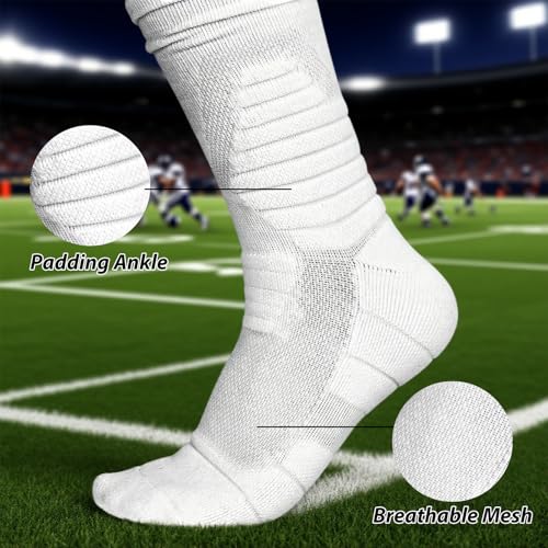 Finerview Extra Long Padded Football Socks 2 Pairs Black/White Large Men Women Sports
