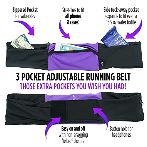 Adjustable Running Belt with 3 Pockets - Black/Black, S/M