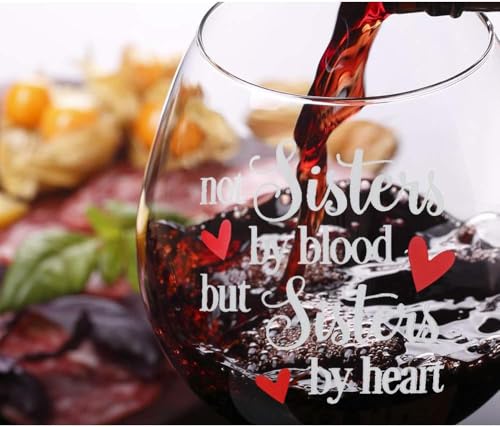 BigNoseDeer Sisters by Heart Stemless Wine Glass - Birthday & Friendship Gift for Women
