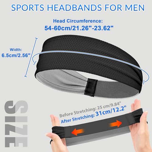Sukeen Men's Moisture Wicking Sports Headbands - Non-Slip Breathable Elastic Sweatbands for Running, Yoga, Tennis, Fitness (Black/Dark Gray/Dark Blue/Gray)