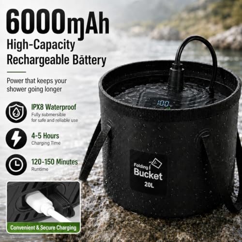 Cinlinso Black Rechargeable Portable Camping Shower with Long Battery Life