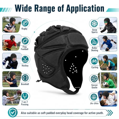Youth Football Helmet Padding - Adjustable Soft Shell Rugby Helmets, Black Small