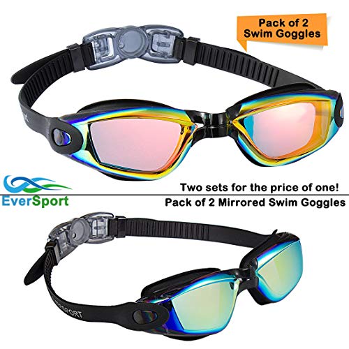 EverSport Swim Goggles Pack of 2 - Anti-Fog, Light Orange & Aqua, Men Women Youth