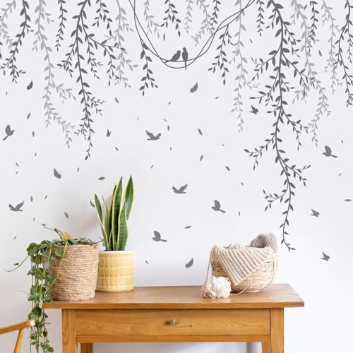 3D Removable Grey Vines Wall Stickers - Peel & Stick DIY Wall Decals with Flying Birds, Waterproof PVC Wall Decor for Kids Room, Bedroom, Living Room, Office (30x45cm x6, 89x164cm Coverage)