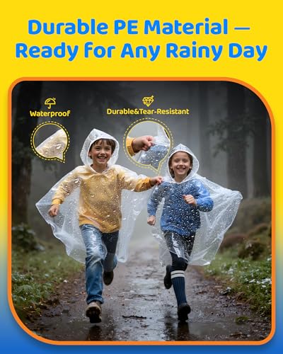 Hitituto Rain Ponchos Family Pack 12 Clear One Size Disposable Hooded Ponchos (12 pcs) - Kids & Adults