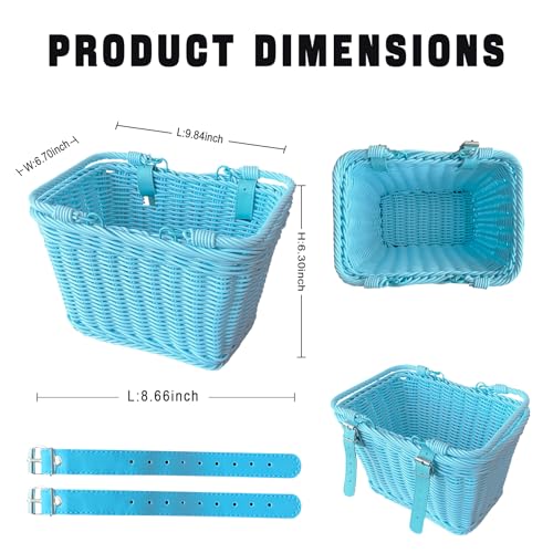 RainFlowwer Blue Kids Bike Basket with Adjustable Leather Straps & Hand Handles
