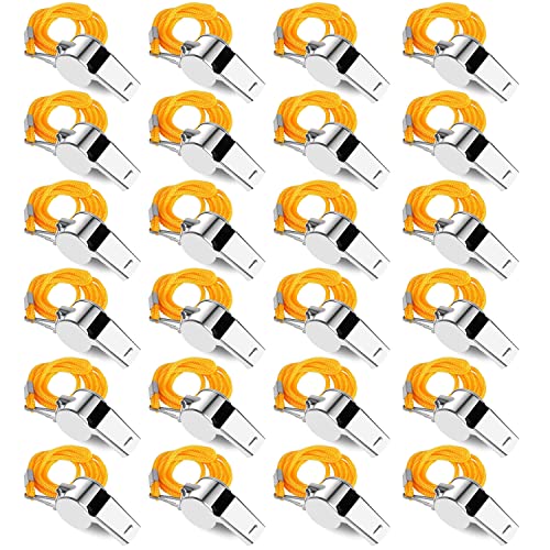 Loud Stainless Steel Whistles with Lanyard - 24 Pack Yellow