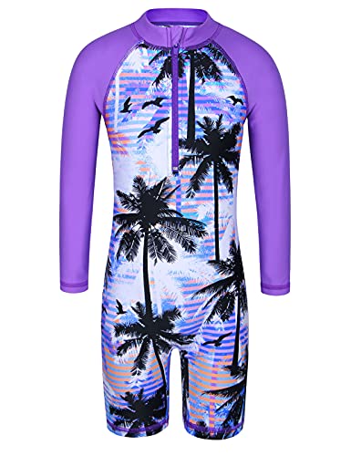 Girls UPF 50+ Long Sleeve Rash Guard Zip Swimsuit One Piece 3-14Y