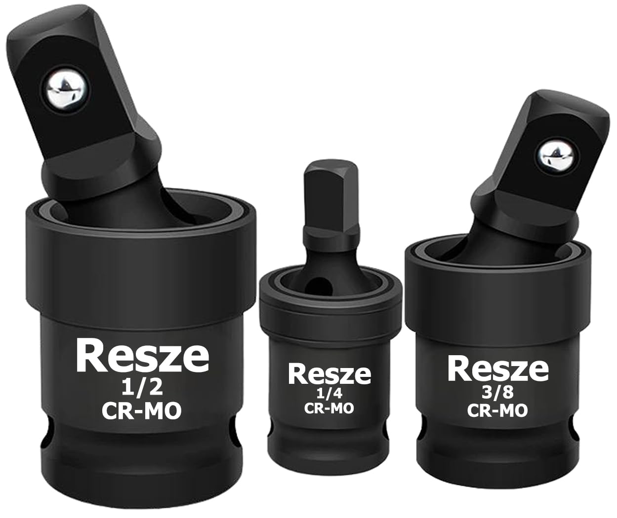 Resze 3PCS Universal Joint Swivel Socket Adapter Set (1/4", 3/8", 1/2"), 360° Rotating, Chrome-Plated Steel, Universal Fit, Anti-Slip Design - Heavy-Duty Automotive & DIY Mechanics Tool Kit