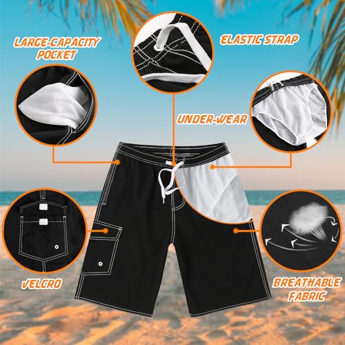 Men's Quick Dry Swimming Trunks with Mesh Lining - Large Black