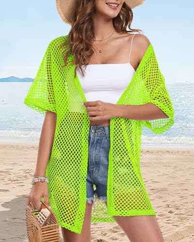 CHICGAL Women Crochet Beach Cover Up Kimono Cardigan Neon Green Small