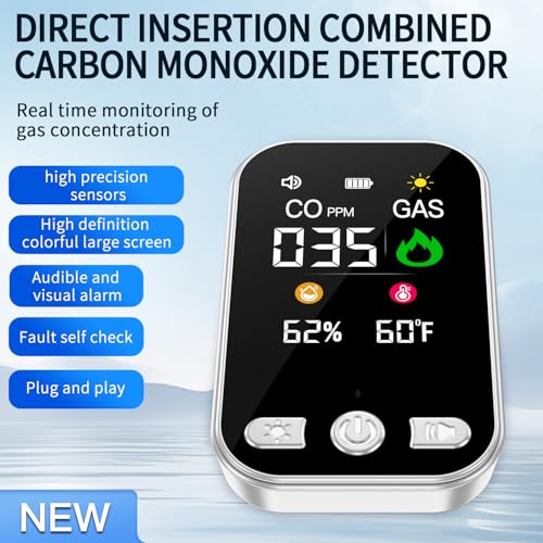 4in1 Plug in Carbon Monoxide Detector & Combustible Natural Gas Detectors Combination Builti-in Battery HD Screen [CO Gas Temp Humidity Sensor] for Home Hotel Travel (1 Pcs,HD12-CG, White)