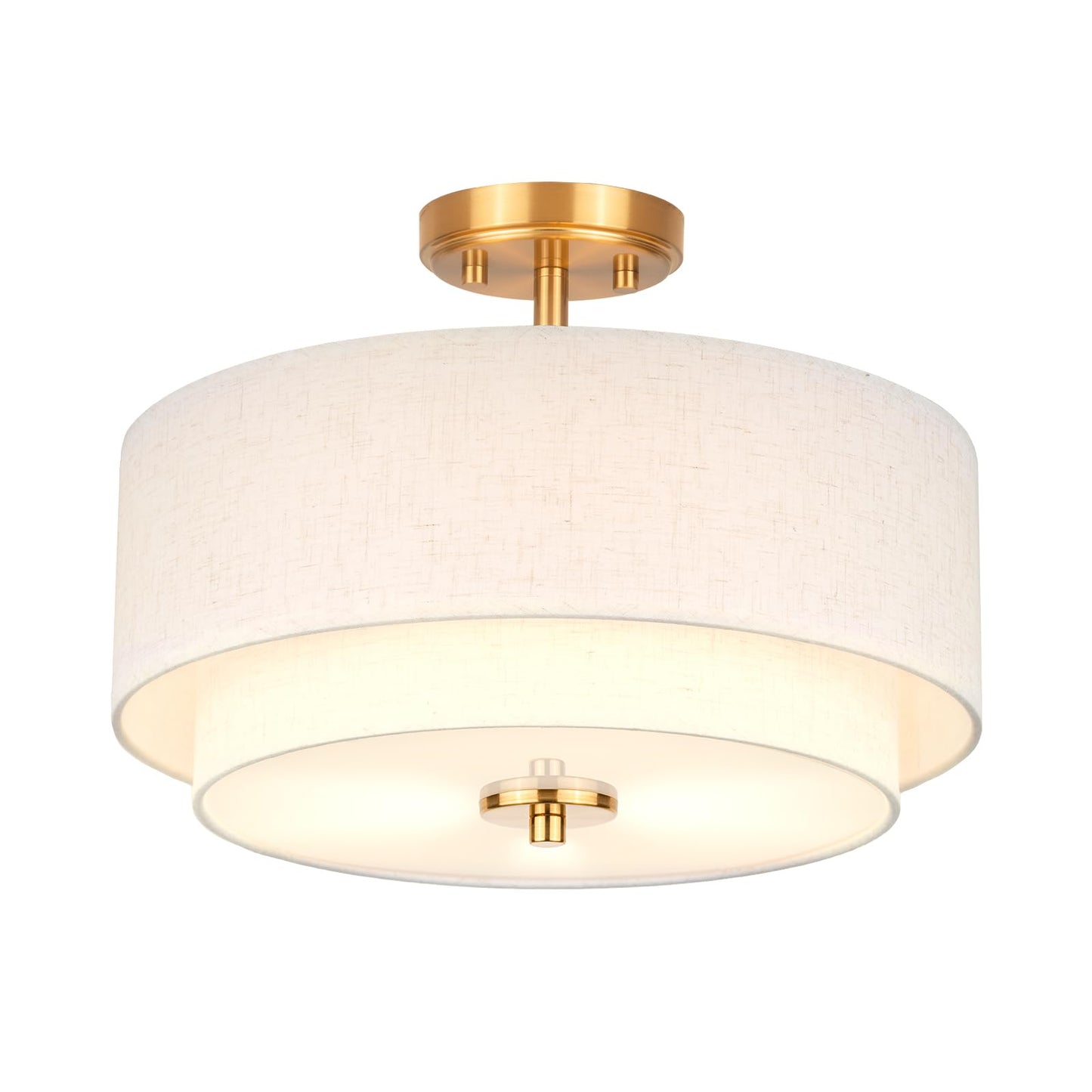 Edwarmlux 3-Light Semi Flush Mount Ceiling Light, 16" Drum Light with White Fabric Shade, Modern Close to Ceiling Lamp for Living Room Bedroom Dining Kitchen Hallway Entry (Brushed Gold)