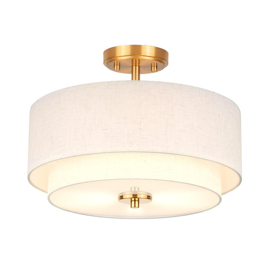 Edwarmlux 3-Light Semi Flush Mount Ceiling Light, 16" Drum Light with White Fabric Shade, Modern Close to Ceiling Lamp for Living Room Bedroom Dining Kitchen Hallway Entry (Brushed Gold)