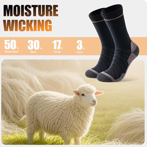 Merino Wool Hiking Socks - Lightweight Breathable Cushioned Crew Socks - Medium / Black & Grey