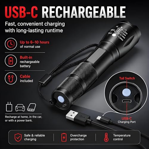 MVIOCS Red Rechargeable LED Flashlight with Zoom - 2000 Lumens, Water Resistant, Portable for Camping Hiking Emergency