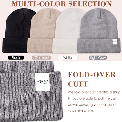FEQO 4 Pack Satin Lined Beanies - Soft Silk Lined Winter Hats, Black/White/Gray/Oatmeal