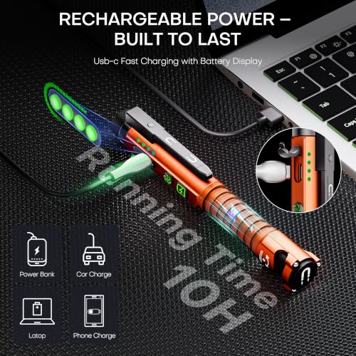 PASIION Orange Large Rechargeable 800 Lumen LED EDC Flashlight with Magnetic Clip & Base, 11 Modes, USB-C, Glass Breaker & Bottle Opener