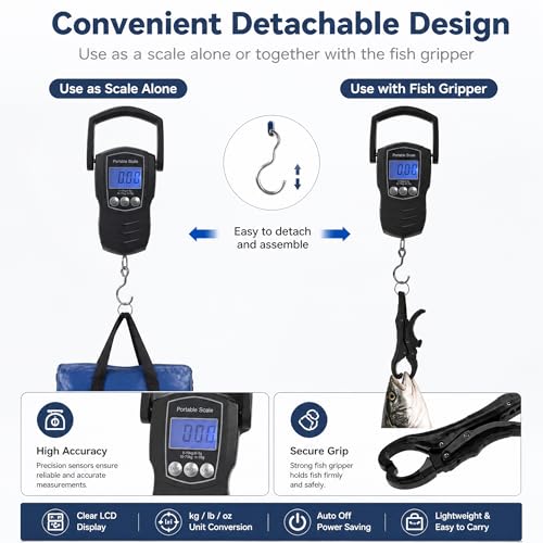 NaRener Digital Fish Scale with Lip Gripper & 5FT Tape Measure - 75KG/165LB Professional Fishing Scale Set with Lip Gripper