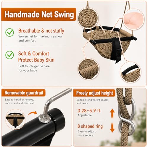 Kids Indoor & Outdoor Hand-Made Khaki Net Swing Seat with Adjustable Rope - Child Playground Swing