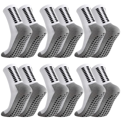 Grip Soccer Socks - Anti-Slip Athletic Socks for Men & Women - White, 6 Pairs