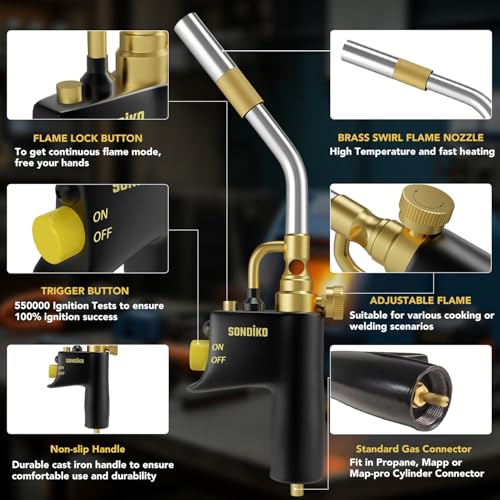 Sondiko Propane Torch Head, High Intensity MAPP Torch Head Trigger Start Gas Torch, Plumbing Soldering Torch for Welding, Machine Maintenance, Barbecue