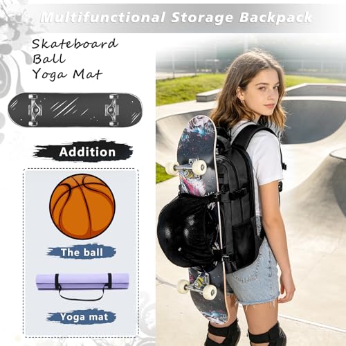 LASUK Large Skateboard Backpack with Laptop Compartment Black - Water-Resistant & Anti-Theft