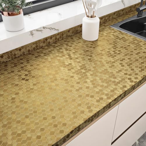 Gold Hexagon Metallic Wallpaper Peel and Stick Countertops Waterproof Honeycomb Metallic Contact Paper Textured Fridge Covers Metal Wall Paper for Cabinet Kitchen Backsplash Shelf Liner